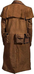 Men’s Brown Cotton Leather Western Cowboy Duster Trench Coat – Long Vintage Cosplay Style