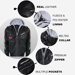 Men’s Black Cyberpunk Samurai Real Leather Bomber Jacket with Hood – Gaming Cosplay