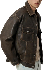 Men’s Distressed Brown Lambskin Leather Trucker Jacket – Western Motorcycle Style