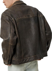 Men’s Distressed Brown Lambskin Leather Trucker Jacket – Western Motorcycle Style
