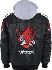 Men’s Black Cyberpunk Samurai Real Leather Bomber Jacket with Hood – Gaming Cosplay