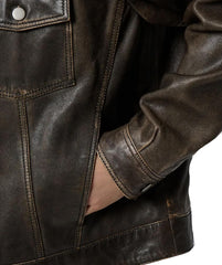 Men’s Distressed Brown Lambskin Leather Trucker Jacket – Western Motorcycle Style