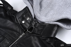 Men’s Black Cyberpunk Samurai Real Leather Bomber Jacket with Hood – Gaming Cosplay