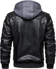 Men’s Warm Black Fleece PU Leather Motorcycle Jacket with Removable Hood