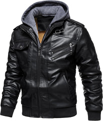 Men’s Warm Black Fleece PU Leather Motorcycle Jacket with Removable Hood