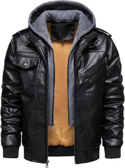Men’s Warm Black Fleece PU Leather Motorcycle Jacket with Removable Hood