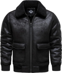 Men’s Warm Black Faux Leather Aviator Jacket | Fleece Lined Winter Coat