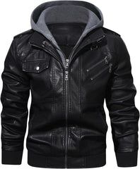 Men’s Warm Black PU Leather Motorcycle Jacket with Removable Hood