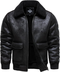 Men’s Warm Black Faux Leather Aviator Jacket | Fleece Lined Winter Coat