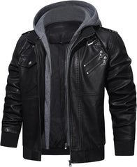 Men’s Warm Black PU Leather Motorcycle Jacket with Removable Hood