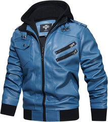 Men’s Warm Blue PU Leather Motorcycle Jacket with Removable Hood