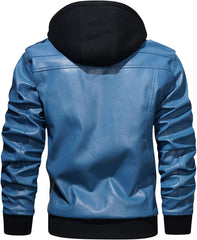 Men’s Warm Blue PU Leather Motorcycle Jacket with Removable Hood
