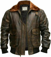 Men’s Distressed Brown G-1 Aviator Leather Jacket with Fur Collar