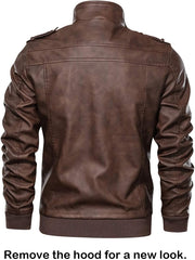 Men’s Warm Brown PU Leather Motorcycle Jacket with Removable Hood