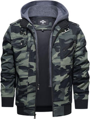 Men’s Warm Camouflage Green PU Leather Motorcycle Jacket with Removable Hood
