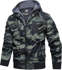 Men’s Warm Camouflage Green PU Leather Motorcycle Jacket with Removable Hood