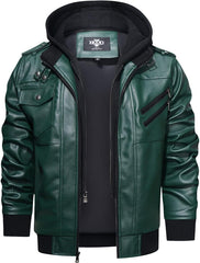 Men’s Warm Dark Green PU Leather Motorcycle Jacket with Removable Hood