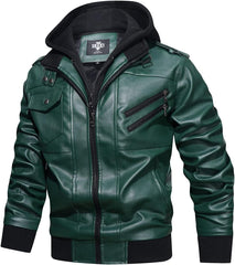 Men’s Warm Dark Green PU Leather Motorcycle Jacket with Removable Hood
