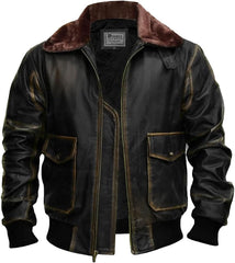 Men’s G-1 Aviator Black Distressed Leather Jacket with Fur Collar