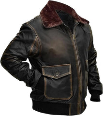 Men’s G-1 Aviator Black Distressed Leather Jacket with Fur Collar