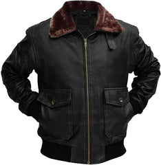 Men’s G-1 Aviator Black Leather Jacket with Fur Collar