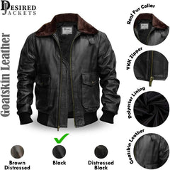 Men’s G-1 Aviator Black Leather Jacket with Fur Collar