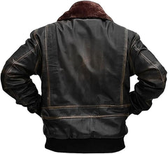 Men’s G-1 Aviator Black Distressed Leather Jacket with Fur Collar