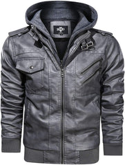 Men’s Warm Grey PU Leather Motorcycle Jacket with Removable Hood