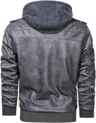 Men’s Warm Grey PU Leather Motorcycle Jacket with Removable Hood