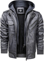 Men’s Warm Grey PU Leather Motorcycle Jacket with Removable Hood