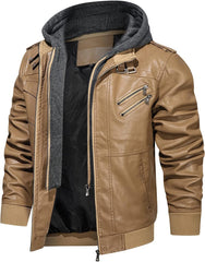 Men’s Warm Khaki PU Leather Motorcycle Jacket with Removable Hood