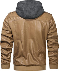 Men’s Warm Khaki PU Leather Motorcycle Jacket with Removable Hood