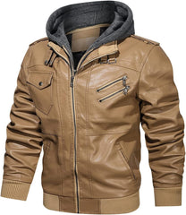 Men’s Warm Khaki PU Leather Motorcycle Jacket with Removable Hood