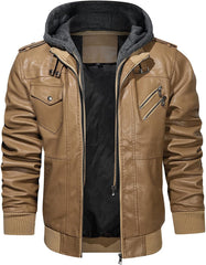 Men’s Warm Khaki PU Leather Motorcycle Jacket with Removable Hood