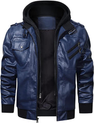 Men’s Warm Navy Blue PU Leather Motorcycle Jacket with Removable Hood