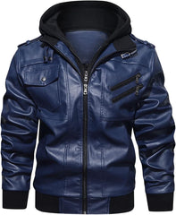 Men’s Warm Navy Blue PU Leather Motorcycle Jacket with Removable Hood