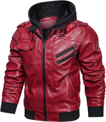 Men’s Warm Red PU Leather Motorcycle Jacket with Removable Hood