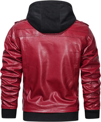 Men’s Warm Red PU Leather Motorcycle Jacket with Removable Hood