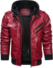 Men’s Warm Red PU Leather Motorcycle Jacket with Removable Hood