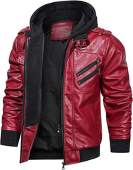 Men’s Warm Red PU Leather Motorcycle Jacket with Removable Hood