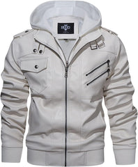 Men’s Warm White PU Leather Motorcycle Jacket with Removable Hood