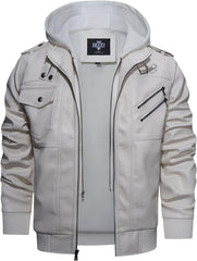Men’s Warm White PU Leather Motorcycle Jacket with Removable Hood