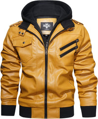 Men’s Warm Yellow PU Leather Motorcycle Jacket with Removable Hood