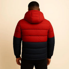 Men’s Red & Navy Hooded Puffer Jacket – Quilted Winter Coat