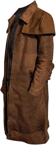 Men’s Brown Cotton Leather Western Cowboy Duster Trench Coat – Long Vintage Cosplay Style