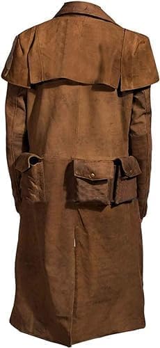 Men’s Brown Cotton Leather Western Cowboy Duster Trench Coat – Long Vintage Cosplay Style