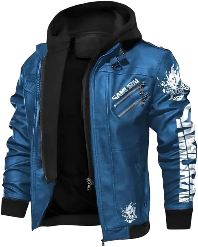 Men’s Blue Cyberpunk Samurai Leather Bomber Jacket with Hood – Gaming Cosplay