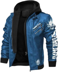 Men’s Blue Cyberpunk Samurai Leather Bomber Jacket with Hood – Gaming Cosplay