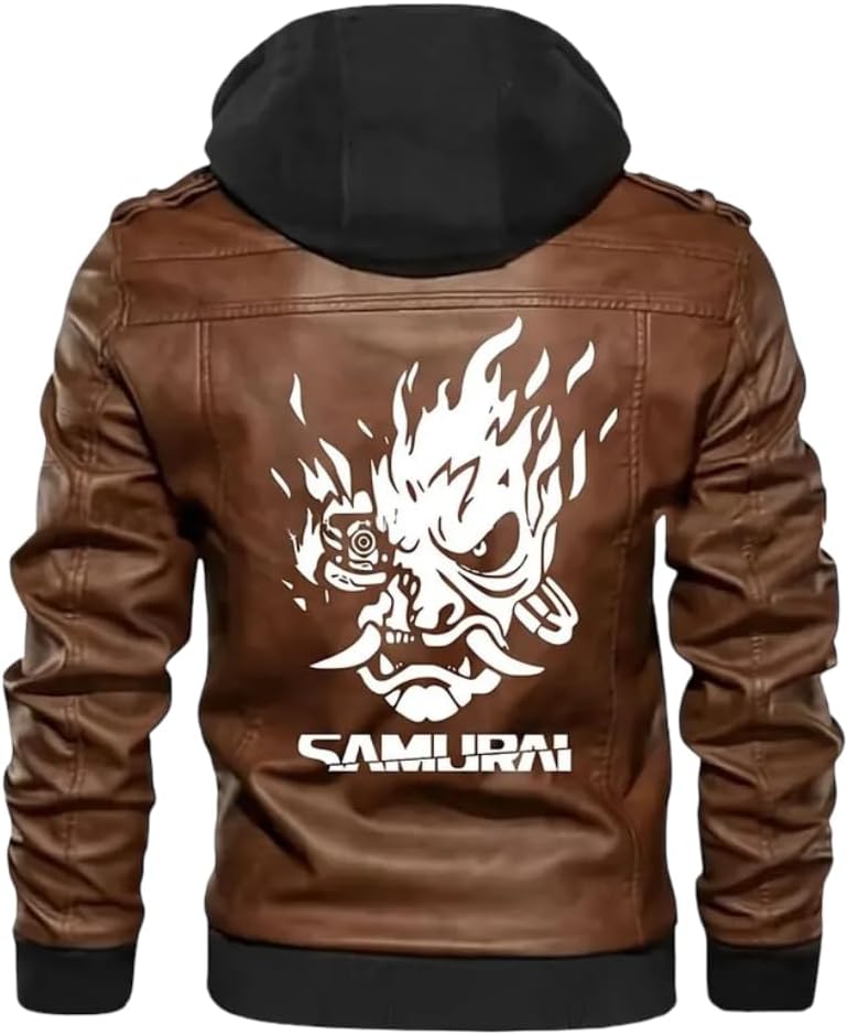 Men’s Brown Cyberpunk Samurai Leather Bomber Jacket with Hood – Gaming Cosplay