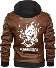 Men’s Brown Cyberpunk Samurai Leather Bomber Jacket with Hood – Gaming Cosplay